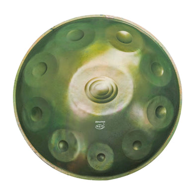 Handpan 10 note vert Re mineur, frequence 432hz, frequence 440hz, hang drum, instrument musique, handpan origine, vert